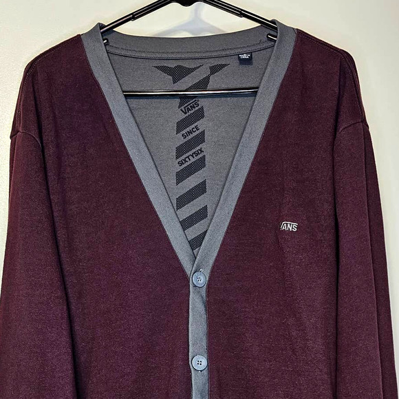 Vans Maroon V-Neck Academia Colorblock Button Front Cardigan Sweater Mens Lg - Picture 3 of 6